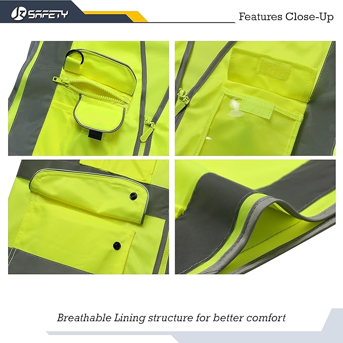 JKSafety 9 Pockets Class 2 High Visibility Zipper Front Safety Vest With Reflective Strips, Yellow Meets ANSI/ISEA Standards (4X-Large 150-Yellow)