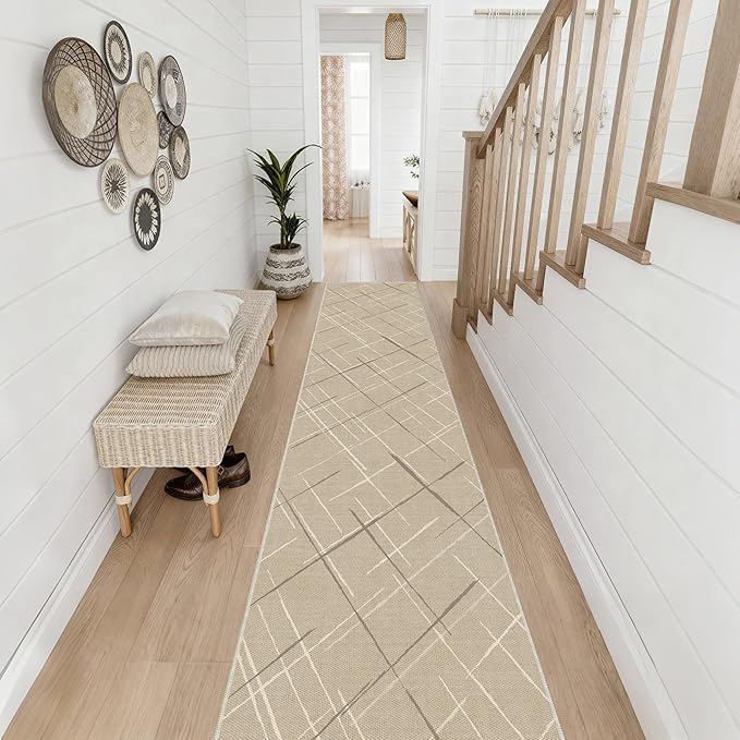 Beige Runner Rug Ultra Non-Slip 2x10 Long Hallway Rugs Washable Modern Tear and Stain Resistance No Pile Lightweight Modern Rug Runners for Entryway, Kitchen, Walkway, Entrance, Beige
