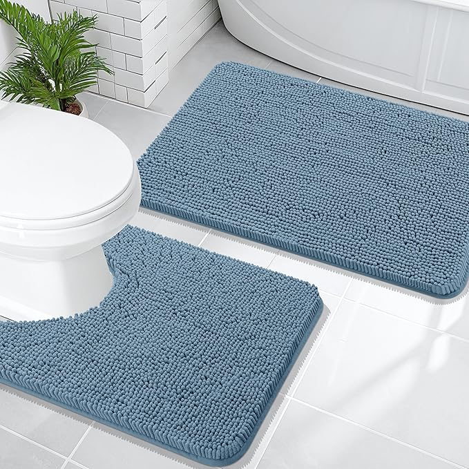 OLANLY Bathroom Rugs Sets 2 Piece, Soft Absorbent Chenille Bath Mats and U-Shaped Contour Toilet Mat Area Rug Set, Machine Washable Bath Carpet, Home Decor Accessories(30"x20"+24"x20", Airy Blue)