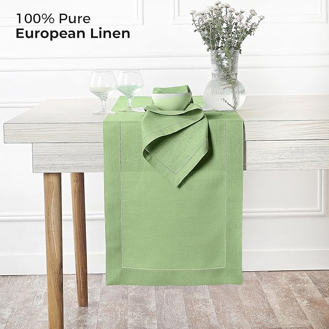 D'Moksha Homes Linen Sage Green Table Runner 36 Inches - 100% Pure Linen Small Table Runner 14 x 36 Inch Ideal for Dresser, Coffee Tables, Spring, St Patricks Day, Easter - Classic Hemstitch