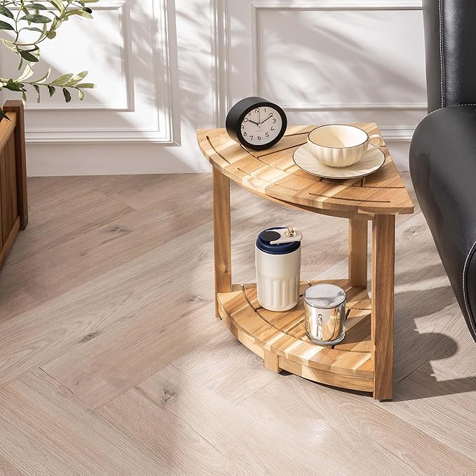 Acacia Wood Corner Shower Stool - Waterproof Triangular Bathroom Bench with Storage Shelf & Soap Dish for Shaving, Light Natural Wood (17.9x12.7x16.5)