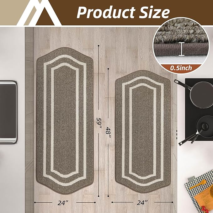 COSY HOMEER Long Kitchen Floor Mats for in Front of Sink Super Absorbent Kitchen Rugs and Mats 24"x48"+24"x59"Non-Skid Kitchen Mat Standing Mat Washable,Polypropylene,Brown,Frame