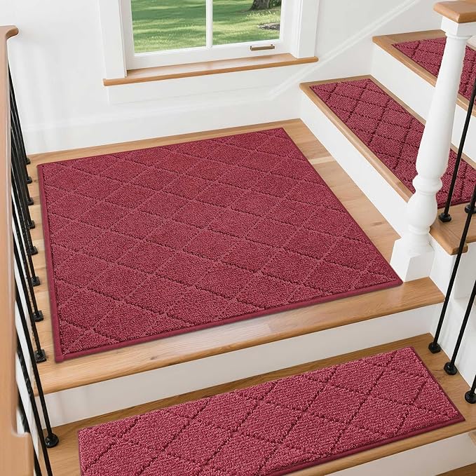 COSY HOMEER Stair Landing Rugs Non-Slip Corner Indoor Edging Stair Treads for Wooden Steps,Washable Soft Stair Landing Mat for Kids,Elder and Dogs,Polyester,TPE Backing,Red,30x30inch