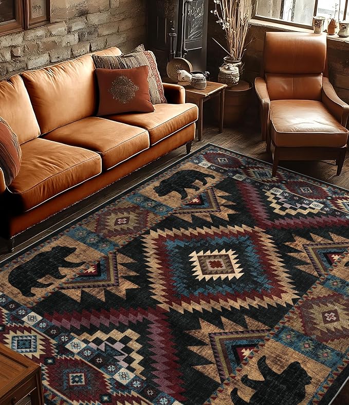 YIHOUSE Rustic Cabin Area Rug for Bedroom 6x9,Machine Washable Lodge Bear Rug,Non-Slip Low Pile Print Pattern Western Rug for Living Room