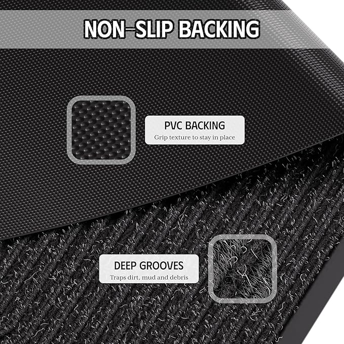 Front Door Mat 3' x 5', Low Profile Heavy Duty Door Mat Outside Entrance, Non-Slip Large Commercial Floor Mat, Absorbent & Resist Muddy Dirt, Easy Clean Welcome Entry Mat Indoor Outdoor, Black
