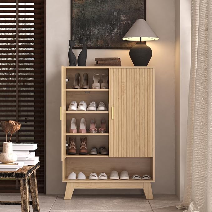 4-Tier Fluted Shoe Cabinet with 2 Doors & Open Shelf, Mid Century Modern Shoe Storage Organizer with Adjustable Shelves, Metal Handles & Wood Legs, Hidden Shoe Rack for Entryway, Hallway