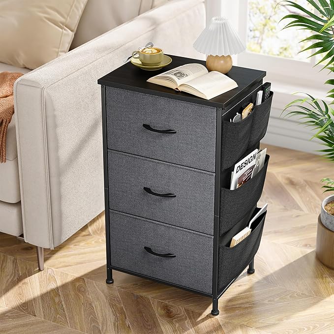 Tall Nightstand, Night Stand with Drawers for Bedroom, Bedside Table with Wooden Top, Sturdy Steel Frame End Table, Dorm Nightstand for Bedroom, Entryway, Hallway, Closet, Cloth Bags, Hooks, Grey