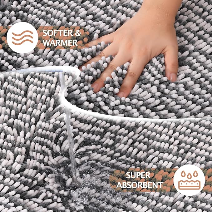 Bathroom Rugs Runner Mats 2 Piece Long Sets Bath Rug Extra Absorbent Chenille Kitchen Mat Set Non Slip Striped Machine Washable Quick Dry Tub Shower Accessories 47x20+24x17 Inch, Grey White