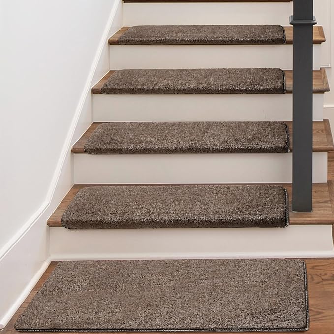 PURE ERA Carpet Stair Treads Ultra Plush 9.5" X 30"Soft Bullnose Indoor Stair Protectors Pet-Friendly Non-Slip Skid Resistant Tape Free Washable Reusable(14 Pieces,Brown)