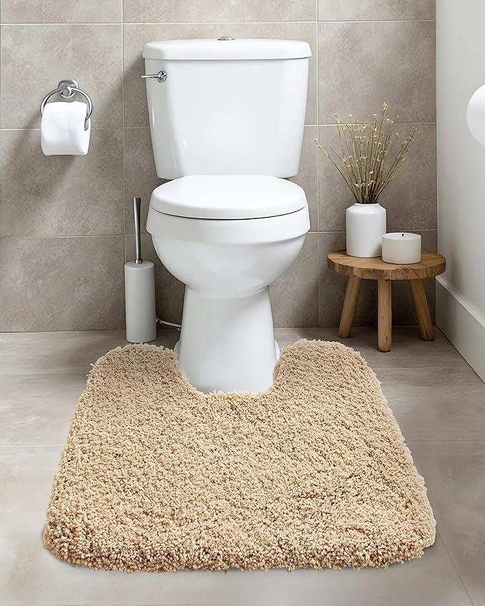 ILANGO Beige Toilet Rugs U Shaped 22" × 24" Non Slip & Super Absorbent Extra Thick Soft, Washable Bath Mats for Bathroom Floor, Plush Shaggy Contour Bath Rugs for Toilet,Dry Quick