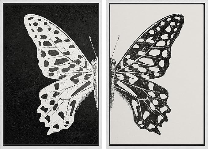 MUDECOR Framed Canvas Wall Art Black and White Butterfly Prints Minimalist Modern Art Boho Wall Decor for Bedroom - 24"x36"x2 White