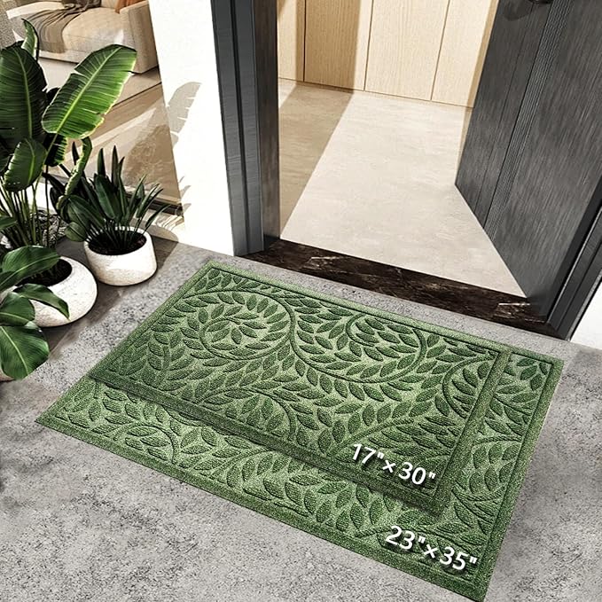 Bulijojo Front Door Mat Entrance,Durable Heavy Duty Welcome Mat,Thick Absorbent Natural Rubber Non Slip Mat,Sturdy Entryway Green, 17"x30"