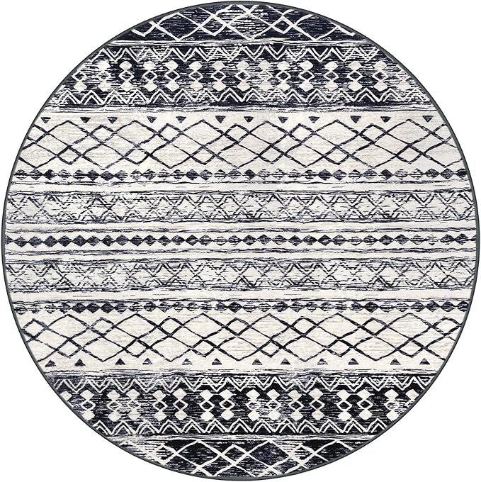 KUTA 6Ft Round Boho Rug for Living Room, Moroccan Washable Circle Area Rugs Non Slip, Black Navy Blue Soft Geometric Bedroom Throw Low-Pile Carpet for Nursery Dorm