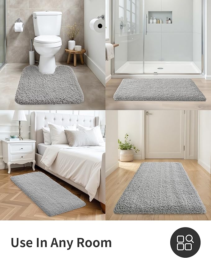 ILANGO Grey Bathroom Rugs 24" × 17" Small Non Slip & Super Absorbent Extra Thick Soft, Washable Bath Mat for Floor, Microfiber Plush Shaggy Bath Rug with Rubber for Bathtub Shower Room Sink