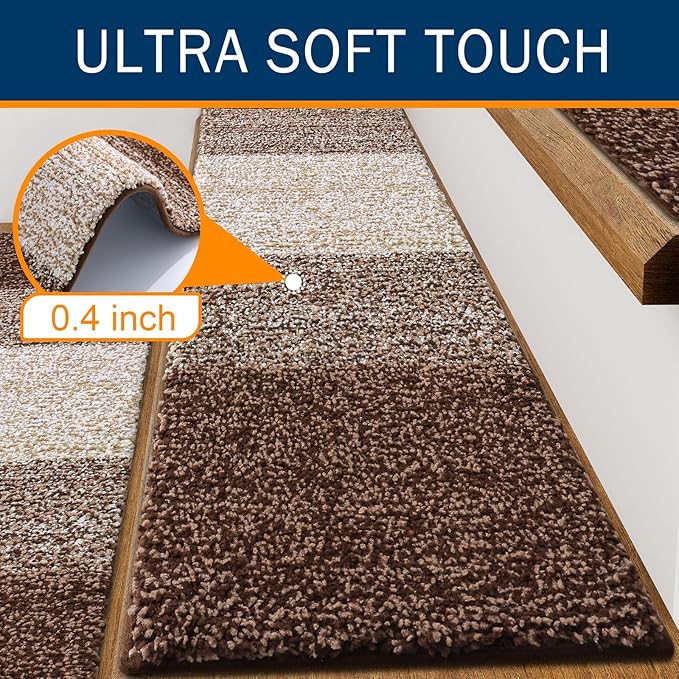 OLANLY Stair Treads Non Slip 15PCS, 8" x 30" Indoor Stair Runners for Wooden Steps, Edging Stair Rugs with Reusable Peel and Stick Adhesive for Kids Elders and Pets, Brown