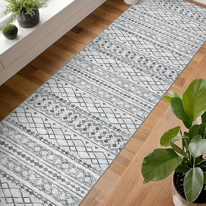 KUTA Long Hallway Runner Rug 2.6x18 Non-Slip Washable, Moroccan Vintage Grey Boho Kitchen Rugs Ultra Soft Distressed Geometric Floor Carpet Runners for Bedroom Laundry Stairway Entryway