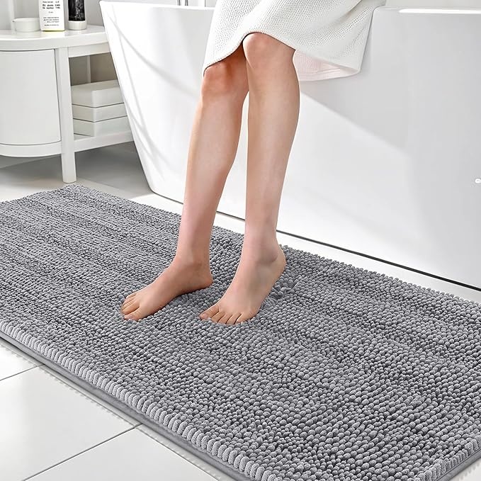 OLANLY Thick Bathroom Rugs 70x24, Extra Soft Absorbent Chenille Striped Bath Rugs, Rubber Backing, Machine Wash Dry, Bath Mats for Bathroom Floor, Tub and Shower, Home Decor Accessories, Grey