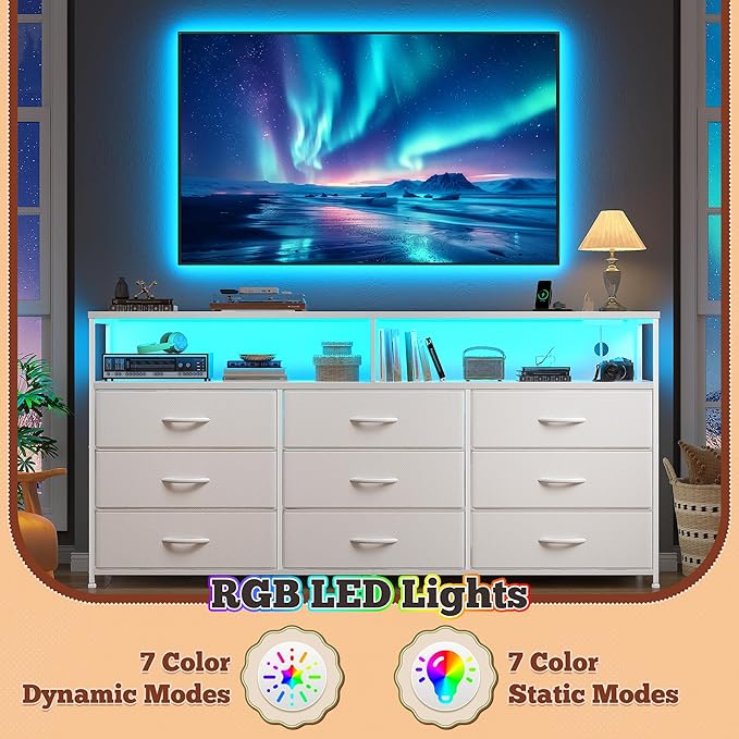 55" W White Dresser for Bedroom with 9 Drawers, LED TV Stand with Power Outlets for 45, 55, 65 Inch TV, Sturdy Long Chest of Drawers with Extra 2 Wooden Shelves, 55.1" W x 35.4" H x 11.8" D