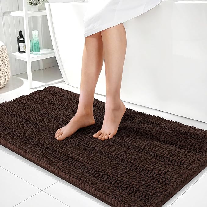 OLANLY Thick Bathroom Rugs 44x24, Extra Soft Absorbent Chenille Striped Bath Rugs, Rubber Backing, Machine Wash Dry, Bath Mats for Bathroom Floor, Tub and Shower, Home Decor Accessories, Brown