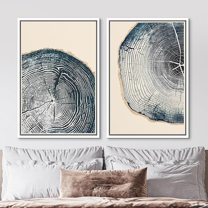 MUDECOR Framed Canvas Print Wall Art Navy Blue Wood Tree Ring Nature Illustration Modern Art Decorative Multicolor Geometric Minimal for Bedroom - 16"x24"x2 White