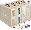 4x Bed Sheet Organizer Storage Boxes with Big See-Through Windows - Bedsheet Organizers Redesigned. Robust Bed Sheet Storage -15x13x5 in. Sheet Organizers Containers (Off-White)