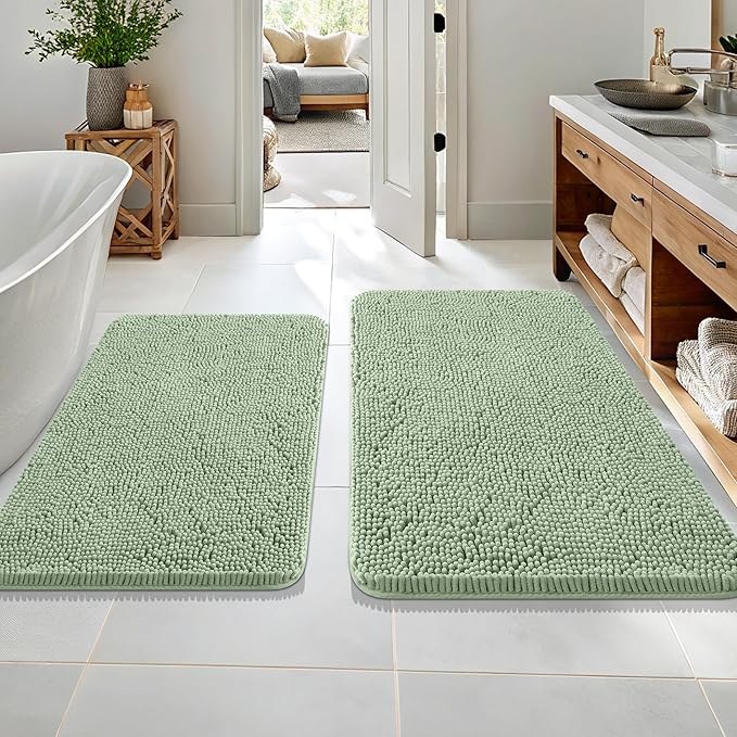 OLANLY Bathroom Rugs Sets 2 Piece, Soft Absorbent Chenille Bath Mats Area Rug Set, Non-Slip, Quick Dry, Machine Washable Bath Mats for Bathroom, Home Decor Accessories (36"x24"+30"x20", Sage Green)
