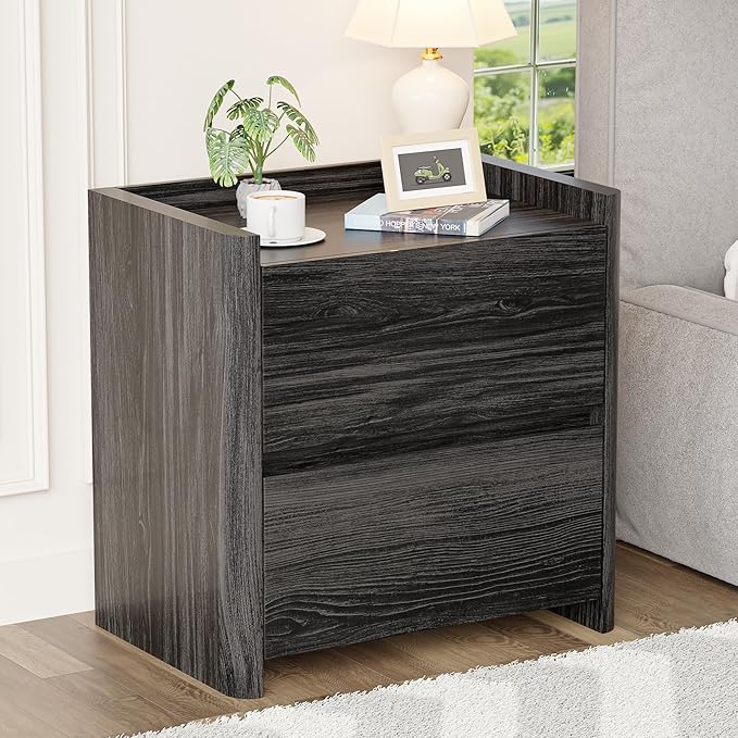 Nightstand with 2 Storage Drawer, Modern End Table for Bedroom with Cut-Out Handle, Large Night Stands for Bedroom, Home Office, Set of 1, Dark Grey