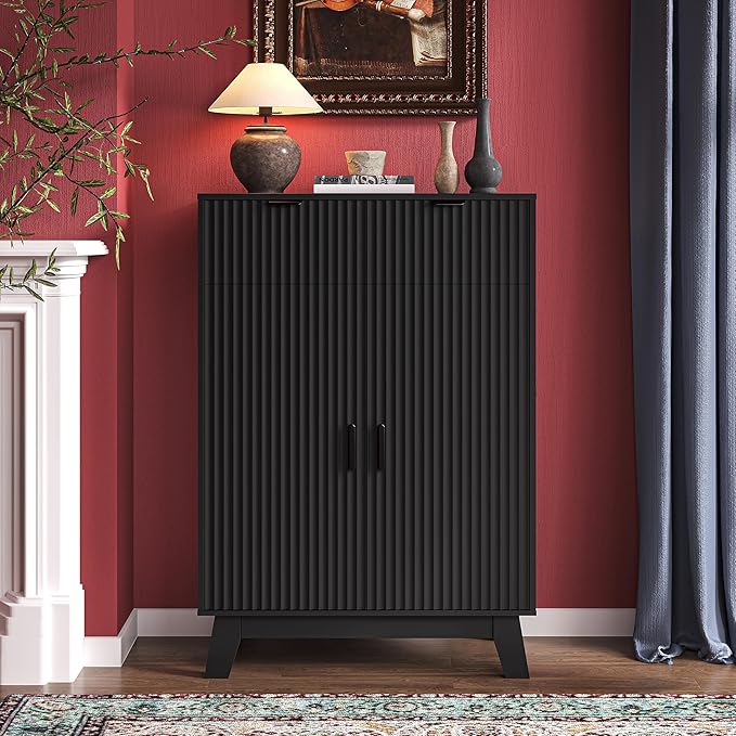 Fluted Shoe Cabinet, 4-Tier Mid Century Modern Narrow Shoe Storage Cabinet with Doors & 2 Drawers, Adjustable Shelves, Freestanding Hidden Shoe Rack Organizer & Wooden Legs for Entryway