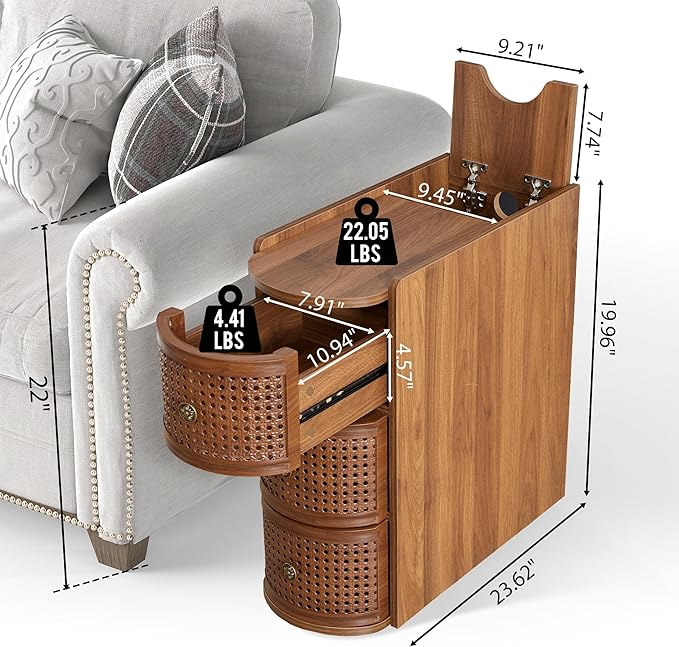 Metal Rattan Narrow End Table with Charging Station Set of 2, Farmhouse Side Table with Drawers Storage, Small Night Stand with Power Outlets and USB Ports, Sofa Side Table for Living Room - Walnut