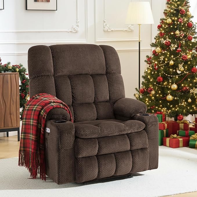 MCombo Oversized Power Lift Recliner Chair for Elderly, Dual Motor Lift Chair with Heat and Massage, Lay Flat Lift Chair for Big and Tall, Cup Holders, Fabric R7891 (Oversize, Mocha)