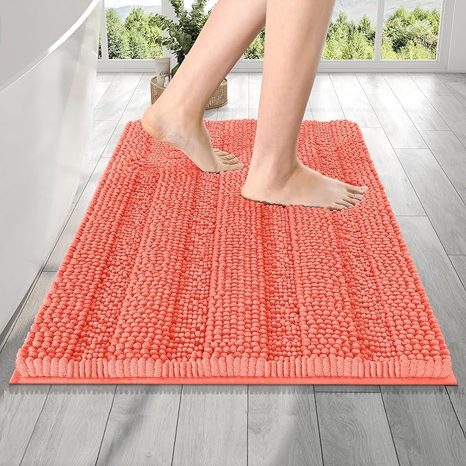 OLANLY Thick Bathroom Rugs 24x16, Extra Soft Absorbent Chenille Striped Bath Rugs, Rubber Backing, Machine Wash Dry, Bath Mats for Bathroom Floor, Tub and Shower, Home Decor Accessories, Coral