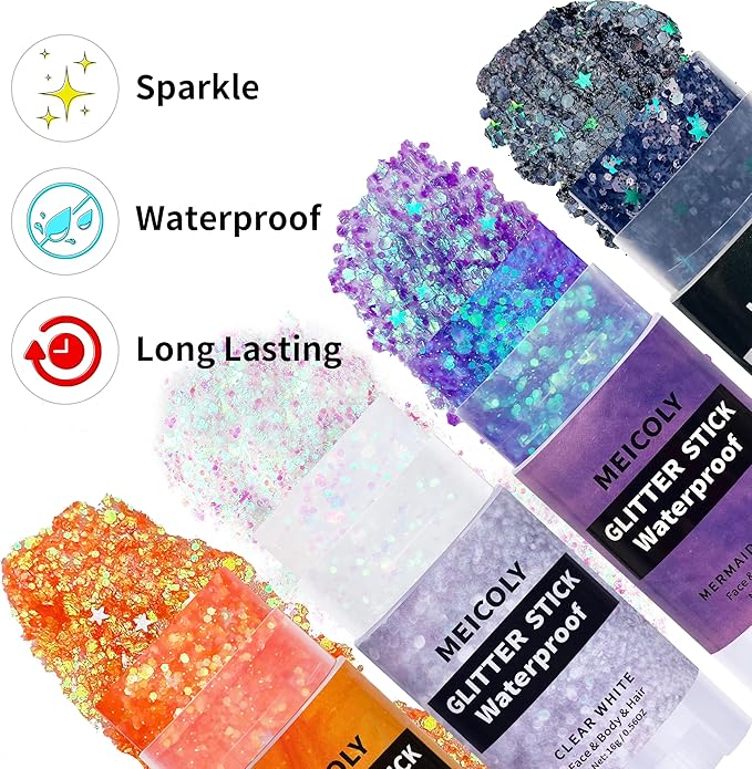 MEICOLY Black Face Body Glitter Stick,Hair Glitter Stick for Women,Sparkle Chunky Glitter Makeup,Waterproof Face Glitter for Party Rave Festival