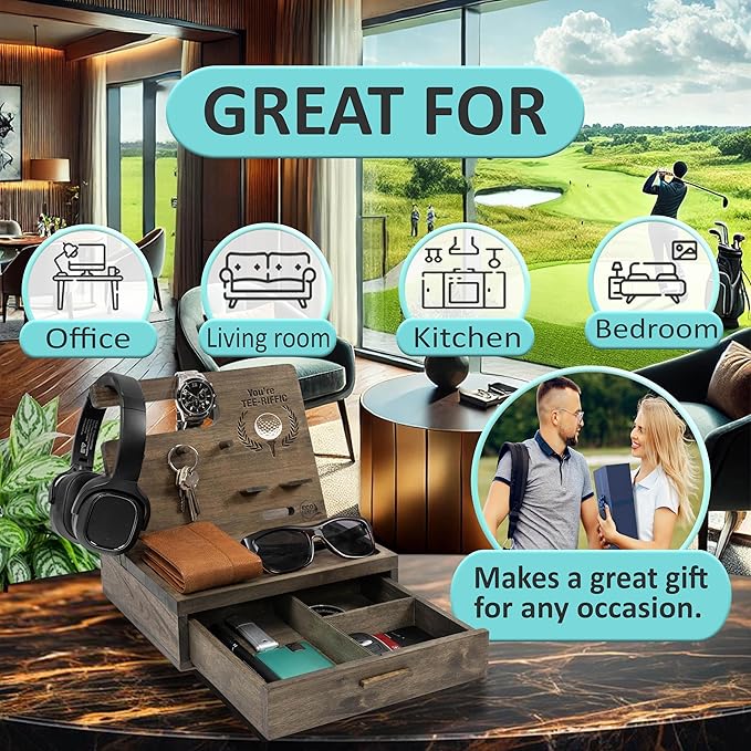 Nightstand Organizer for Men- Bedside Table Organizer with Drawer for Cellphone, Watches, Sunglasses & Accessories- Makes an Ideal Gift for Dad, Grandpa or Golfer