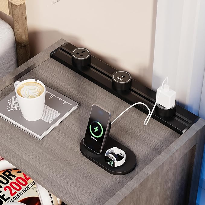 Night Stand Set 2 with Slidable Charging Station,Bedside Table with 2 Drawers,Farmhouse End Table and Nightstand,Small Side Table for Bedroom（Newly Upgraded 2 PCS）