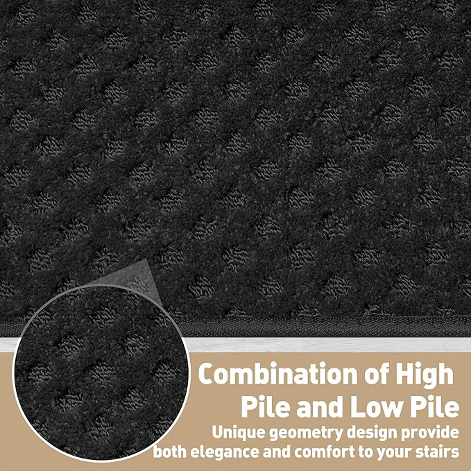 PURE ERA Bullnose Carpet Stair Treads Tape Free Non-Slip Indoor Stair Protectors Pet Friendly Stair Treads for Wooden Steps 9.5" x 30"(2 Pieces,Black Mini-Diamond Trellis)