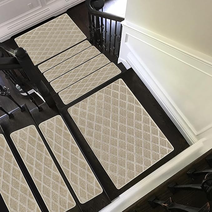 PURE ERA Carpet Stair Treads Tape Free Non Slip Indoor Stair Carpet Stair Protectors Pet-Friendly Non-Slip Skid Resistant Washable Reusable 8" x 30"(14 Pieces,Cream Gray Diamond Trellis)