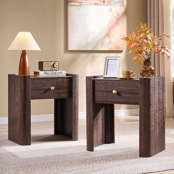 23.6" Tall Modern Nightstand Set of 2, 22" Wide Curved Bedside Table with Charging Station, Wooden Night Stand with 1 Storage Drawer, Large End Table for Bedroom, Living Room, Brown