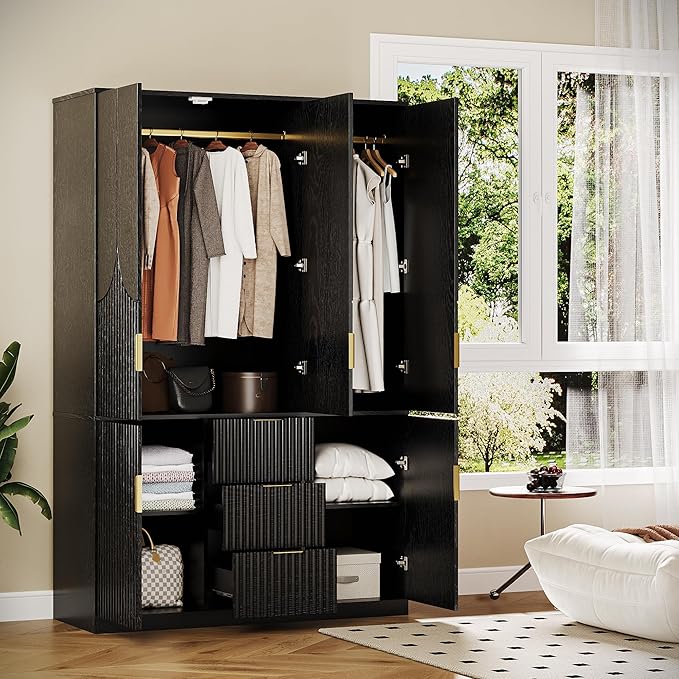 71" Wardrobe Armoire Wooden Closet with 3 Doors 3 Drawer and 2 Cabinet, Bedroom Armoire with Hanging Rod Shelf, Modern Wooden Bedroom Armoire Freestanding Wood Closet Storage Cabinet