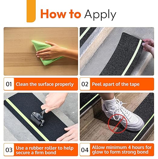 ThreadNanny Anti Slip Traction Treads with Glow in Dark Stripe (5-Pack), 6" X 24", Best Grip Tape Grit Non Slip, Outdoor Non Skid Tape, High Traction Friction Abrasive Adhesive for Stairs Step
