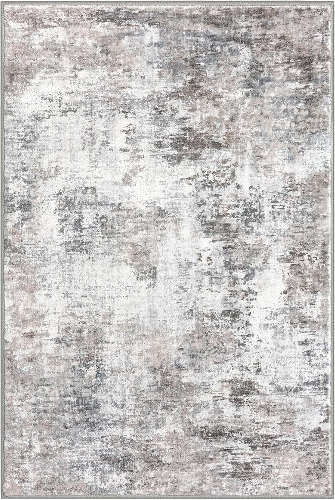 Modern Abstract 6x9 Living Room Washable Rug Non-Slip Soft Bedroom Area Rug Beige Grey Neutral Thin Print Faux Wool Floor Carpet Throw Rugs for Nursery Playroom Dining Room Indoor Office