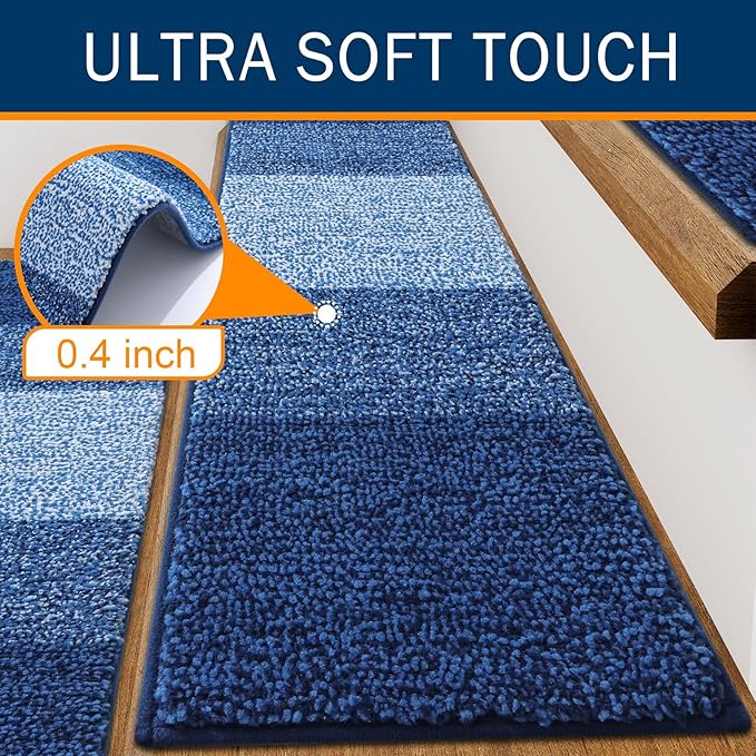OLANLY Stair Treads Non Slip 4PCS, 8" x 30" Indoor Stair Runners for Wooden Steps, Edging Stair Rugs with Reusable Peel and Stick Adhesive for Kids Elders and Pets, Navy