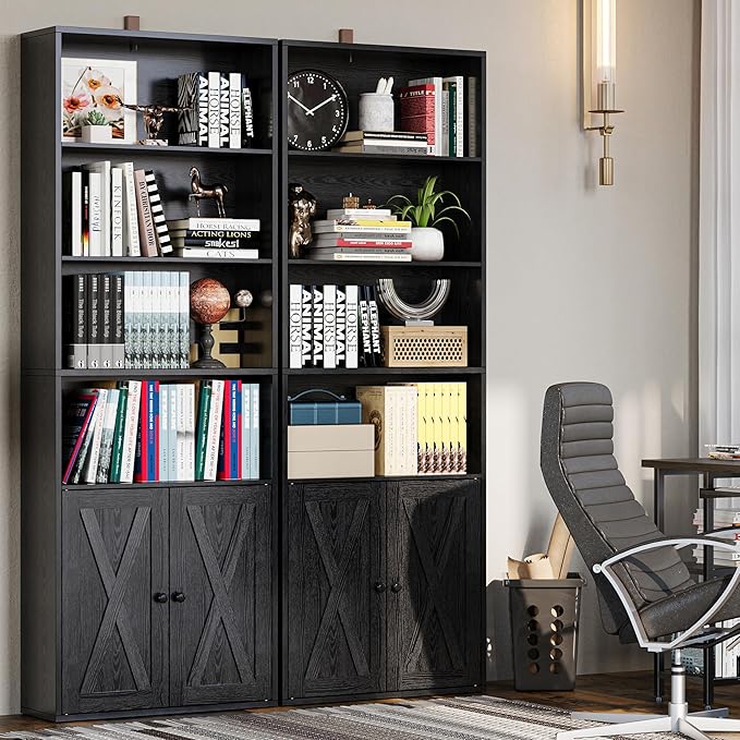 IRONCK Industrial Bookshelves and Bookcases with Doors Set of 2 Floor Standing 6 Shelf Display Storage Shelves 70 in Tall Bookcase for Home Office, Living Room