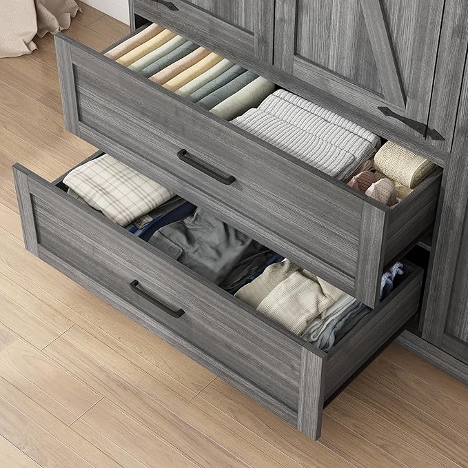 3 Doors Wardrobe Armoire Closet with Doors and Drawers, Farmhouse Wooden Armoire Storage Cabinet with Shelves & Hanging Rod for Bedroom, Grey