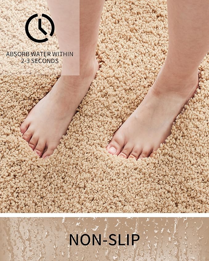 Bathroom Rugs 32x20, Ultra Thick Shaggy Soft Microfiber Absorbent Bath Rug, High Density Foam Latex Non Slip Backing, Machine Washable Bath Mats for Bathroom Floor & Sink, Beige