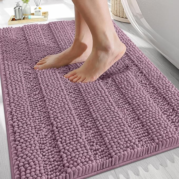 OLANLY Thick Bathroom Rugs 30x20, Extra Soft Absorbent Chenille Striped Bath Rugs, Rubber Backing, Machine Wash Dry, Bath Mats for Bathroom Floor, Tub and Shower, Home Decor Accessories, Deep Plum