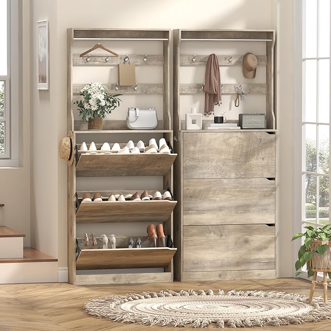 Tall Shoe Cabinet with Coat Rack, Hidden Shoe Storage Cabinet with Doors & Drawer, Hanging Bar & Hooks, Slim Narrow Freestanding Shoe Rack Organizer for Entryway, Hallway & Living Room, Grey