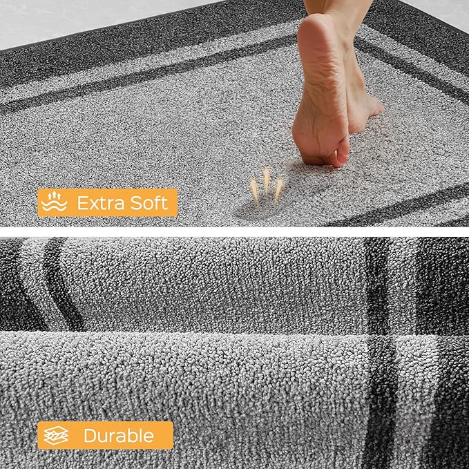 Kitchen Rugs Set (24" x 36"+24" x 60"), Non-Slip Machine Washable Kitchen Runner Rugs Floor Mats, Absorbent Comfort Standing Mat for Kitchen, Sink and Hallway, Rolled Packaging, Light Grey & Dark Grey