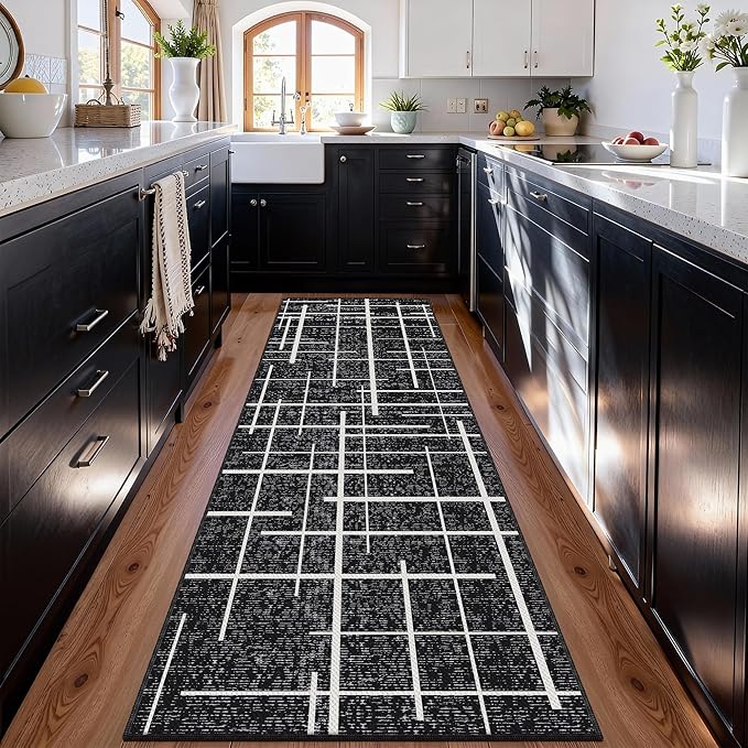 Modern Kitchen Runner Rug Non Slip 2.6x8, Washable Distressed Stripe, Hallway Runner, Woven Thin Low Pile Carpet Runners for Hallway 8ft Entryway, Kitchen, Walkway- Midnight Black