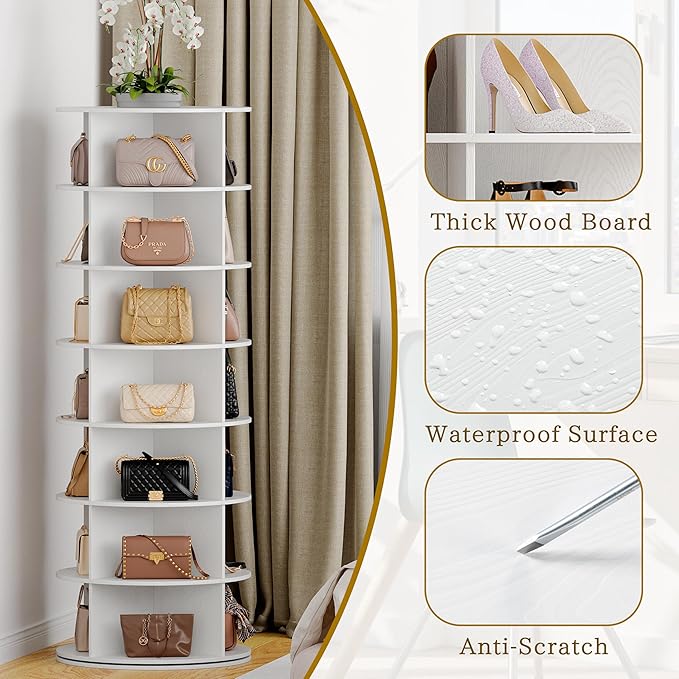 Wooden Rotating Shoe Rack, 7 Tier Spinning Shoe Rack Tower for Closet, Storage Organizer for Entryway, Bedroom, Living Room (Embossed White, 7 Tier)