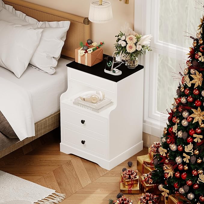 2Pcs Night Stand with Charging Station,Bedside Table with 2 Drawers,Farmhouse End Table and Nightstand,Small Side Table for Bedroom,Living Room